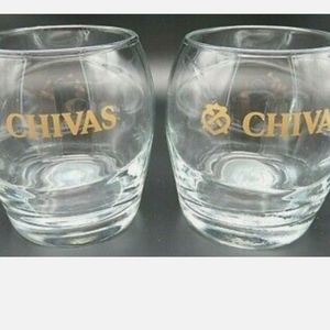 Chivas Regal Swirl Bubble Ridge Scotch Rocks Low Ball Glass Gold Logo Set of 2